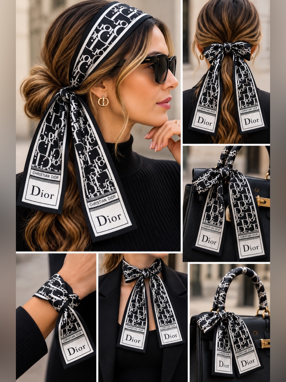 New 100% Silk Twilly Scarf – Black & White